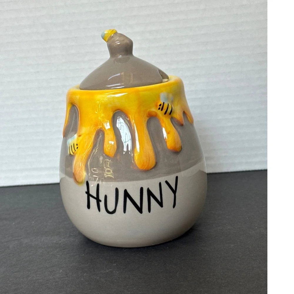 Disney Winnie the Pooh Hunny Pot Ceramic Honey Jar with Lid Bumblebee Grey